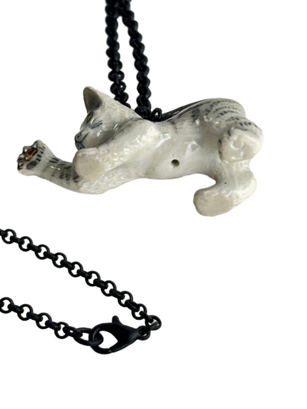 Handmade Miniature Ceramic Playful Gray Striped Kitten Cat Pendant Necklace - Picture 5 of 9